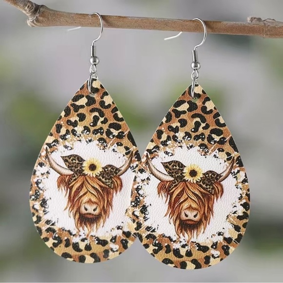 2 For $20 Ethnic Retro Leopard Bull Cow Faux Leather Drop Hook Earrings  New - Picture 2 of 4